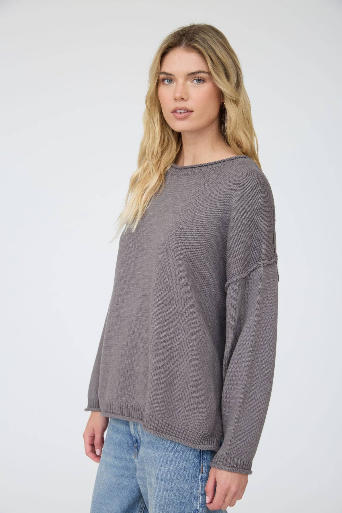 RAW EDGE EXTENDED SHOULDER LONG SLEEVE SWEATER