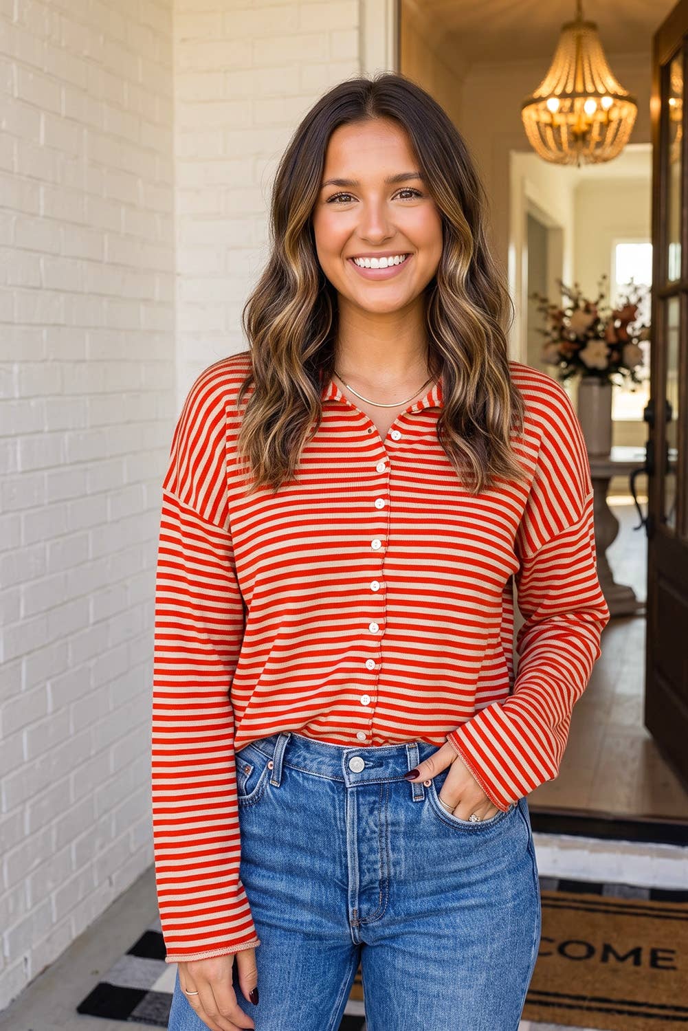 LAS Striped Button Up Collar Knit Cardigan (S-XL)