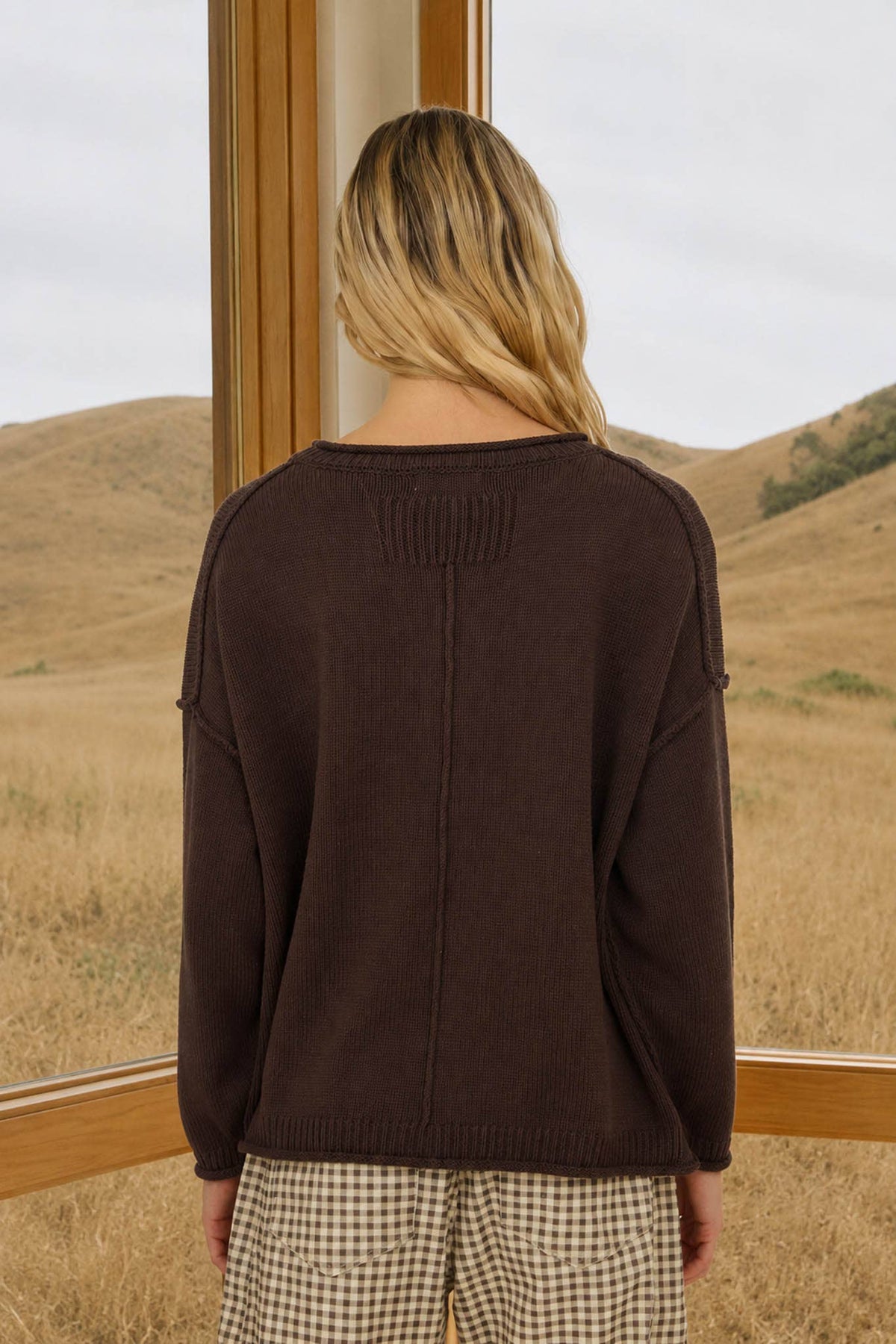 RAW EDGE EXTENDED SHOULDER LONG SLEEVE SWEATER