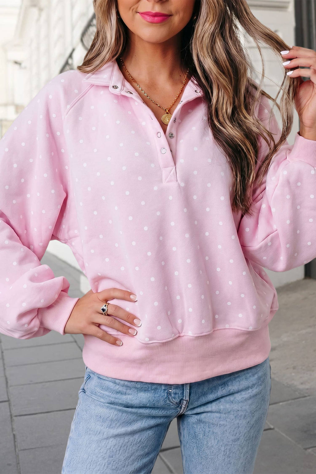 Polka Dot Print Button Collar Mockneck Sweatshirt | S-XL