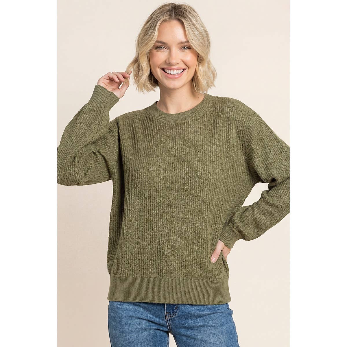 VERTICALLY TEXTURED BALLOON SLEEVE SWEATER